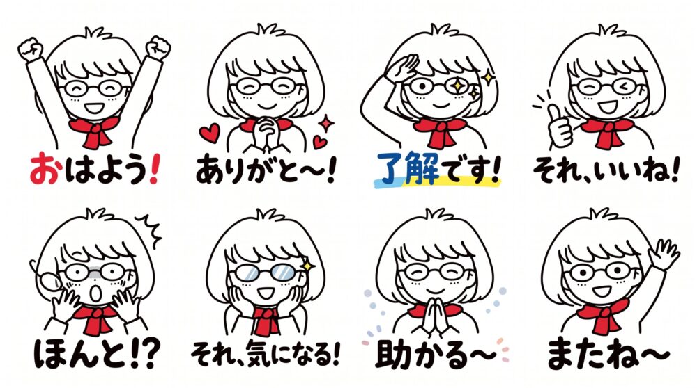 Geminiが最初に描いた8個のスタンプ。おはよう、ありがと〜、了解です、それいいね、ほんと、それ気になる、助かる〜、またね〜