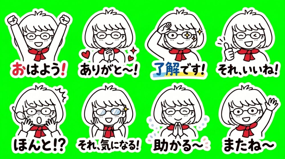 緑の背景に白いフチ付きで描き直してもらった8個のスタンプ
