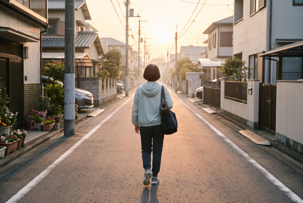 朝日を浴びて外を歩く